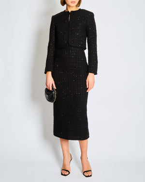 Rotate Black Sequin Long Sleeve Jacket and Midi Pencil Skirt Set FR 36 (UK 8)