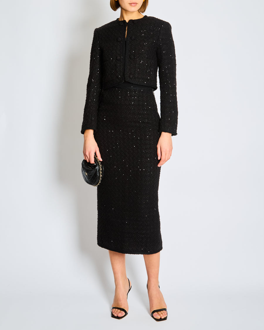 Rotate Black Sequin Long Sleeve Jacket and Midi Pencil Skirt Set FR 36 (UK 8)