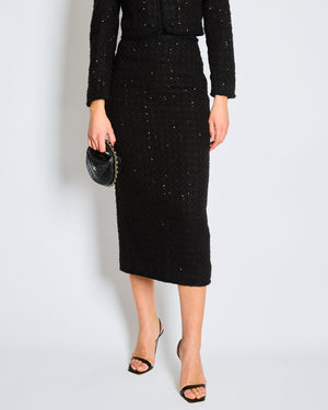Rotate Black Sequin Long Sleeve Jacket and Midi Pencil Skirt Set FR 36 (UK 8)