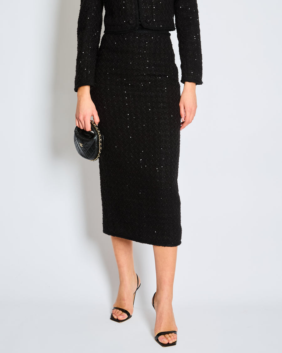 Rotate Black Sequin Long Sleeve Jacket and Midi Pencil Skirt Set FR 36 (UK 8)