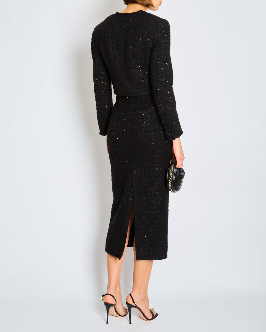 Rotate Black Sequin Long Sleeve Jacket and Midi Pencil Skirt Set FR 36 (UK 8)