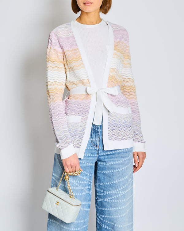 Missoni White Lilac and Yellow Zig Zag Cardigan with White Cuffs and Belt Tie IT 40 Size UK 8