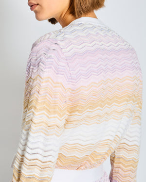 Missoni White Lilac and Yellow Zig Zag Cardigan with White Cuffs and Belt Tie IT 40 Size UK 8