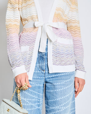 Missoni White Lilac and Yellow Zig Zag Cardigan with White Cuffs and Belt Tie IT 40 Size UK 8