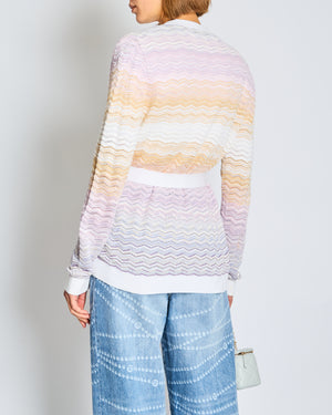 Missoni White Lilac and Yellow Zig Zag Cardigan with White Cuffs and Belt Tie IT 40 Size UK 8