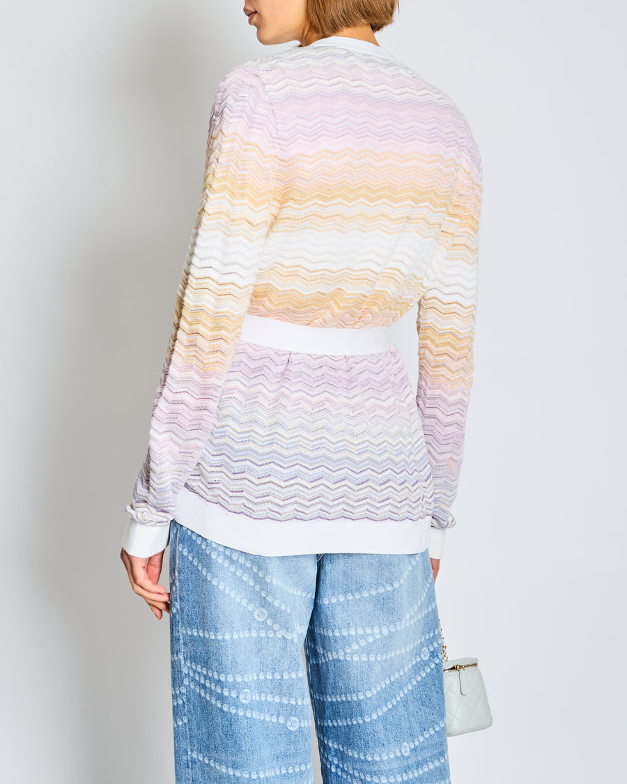 Missoni White Lilac and Yellow Zig Zag Cardigan with White Cuffs and Belt Tie IT 40 Size UK 8