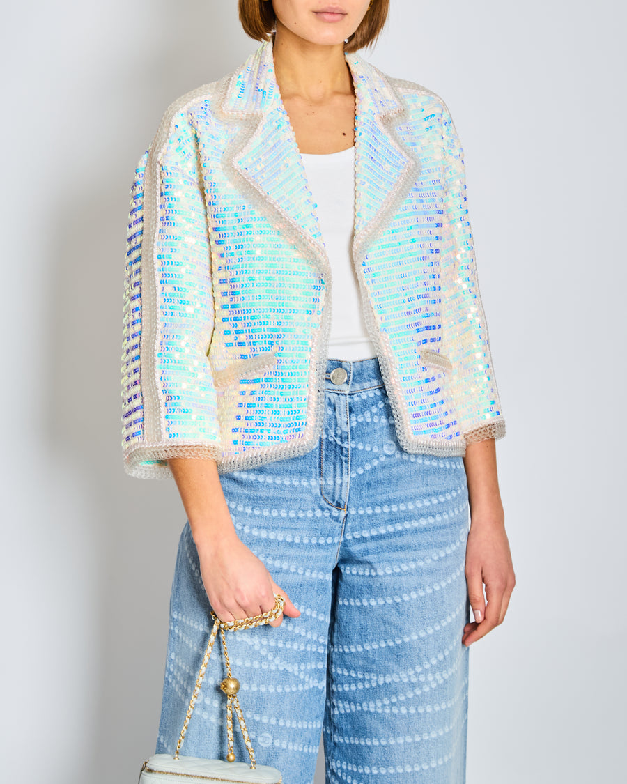 *SUPER HOT* Chanel 12P Iridescent Blue Sequin Jacket with Braided Hem Detail Size FR 38 (UK 10)