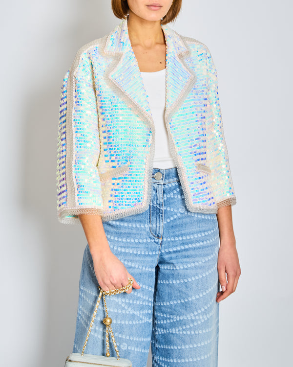 *SUPER HOT* Chanel 12P Iridescent Blue Sequin Jacket with Braided Hem Detail Size FR 38 (UK 10)