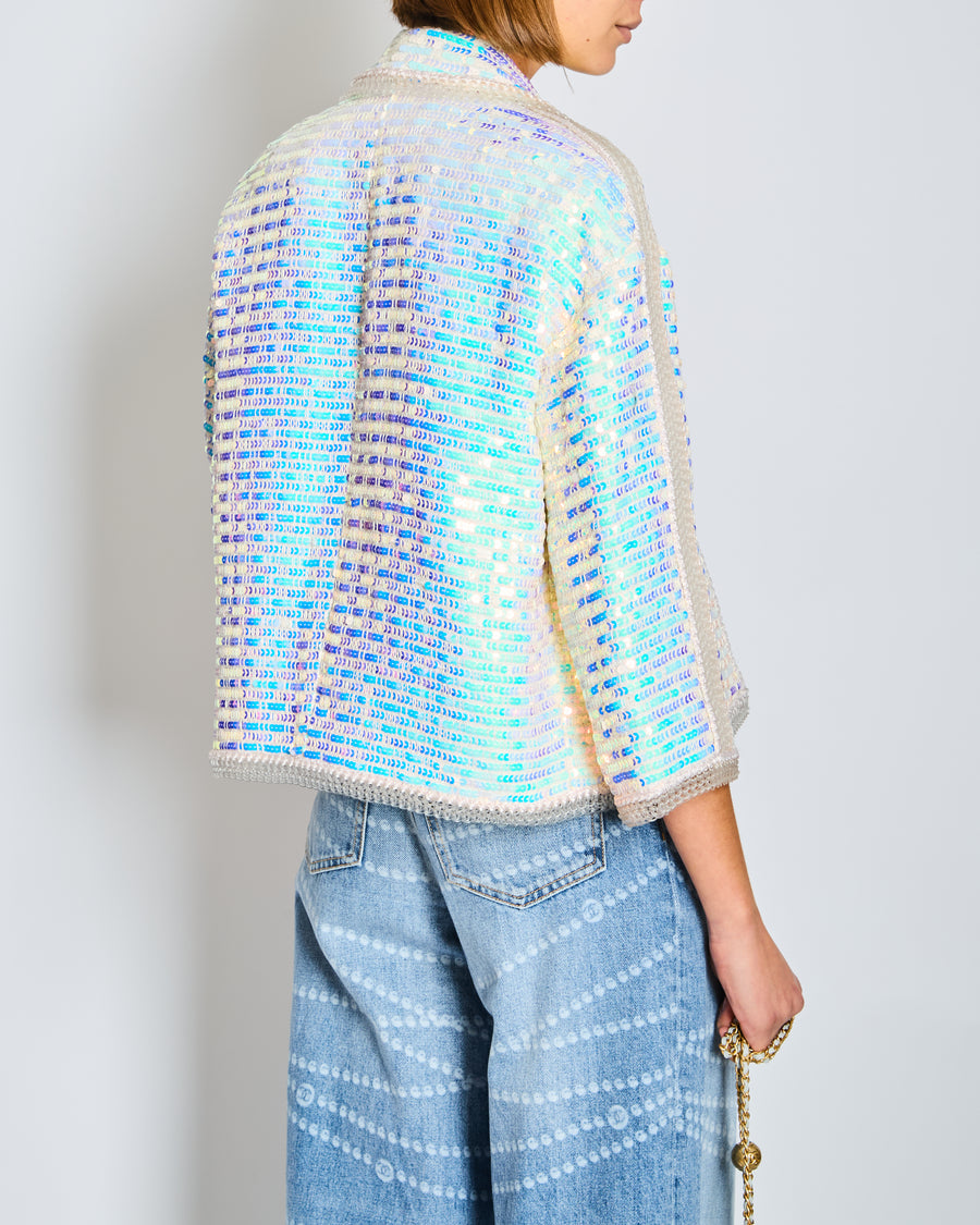 *SUPER HOT* Chanel 12P Iridescent Blue Sequin Jacket with Braided Hem Detail Size FR 38 (UK 10)