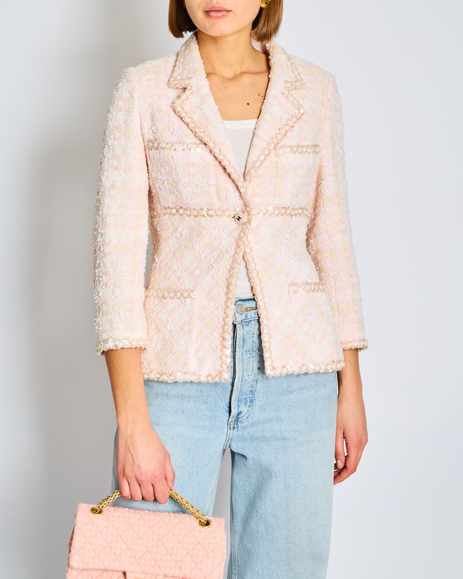 *SUPER HOT* Chanel 95P Barbie Collection Pink Tweed Jacket with Cream Sequins and CC Button Details Size FR 44 (UK 18)