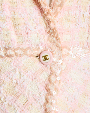 *SUPER HOT* Chanel 95P Barbie Collection Pink Tweed Jacket with Cream Sequins and CC Button Details Size FR 44 (UK 18)
