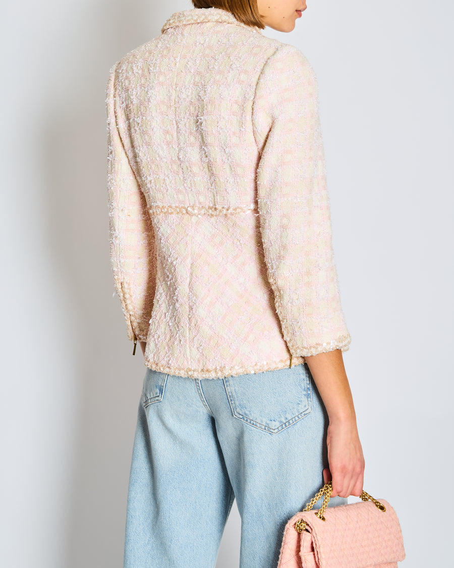 *SUPER HOT* Chanel 95P Barbie Collection Pink Tweed Jacket with Cream Sequins and CC Button Details Size FR 44 (UK 18)