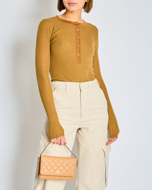 Chloe Brown Ribbed Wool Pullover with round neckline and buttons Size Medium (UK 12-14)