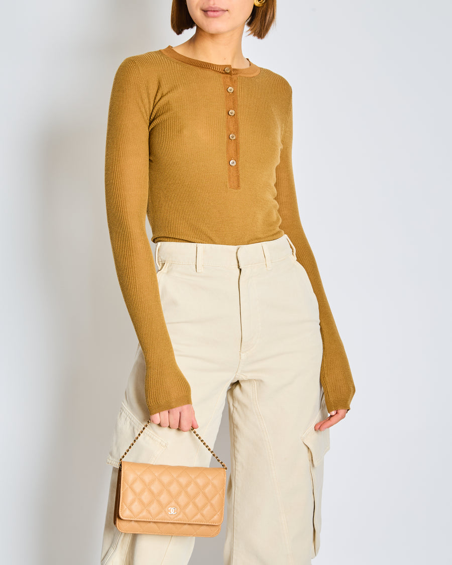 Chloe Brown Ribbed Wool Pullover with round neckline and buttons Size Medium (UK 12-14)