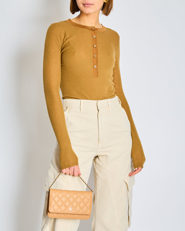 Chloe Brown Ribbed Wool Pullover with round neckline and buttons Size Medium (UK 12-14)