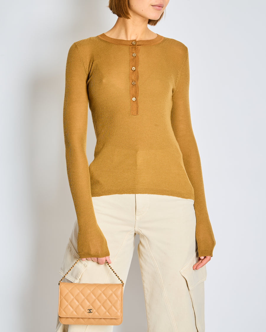 Chloe Brown Ribbed Wool Pullover with round neckline and buttons Size Medium (UK 12-14)