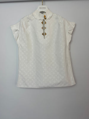 Louis Vuitton White Cotton Short Sleeve Shirt With Monogram Embroidery and Gold Logo Detail Size FR 36 (UK 8)