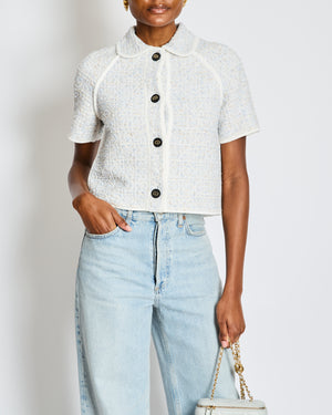 Christian Dior Light Blue Tweed Macrocannage Short-sleeved Jacket with CD Logo Buttons Size FR 34 (UK 6) RRP £2,300