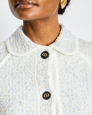 Christian Dior Light Blue Tweed Macrocannage Short-sleeved Jacket with CD Logo Buttons Size FR 34 (UK 6) RRP £2,300