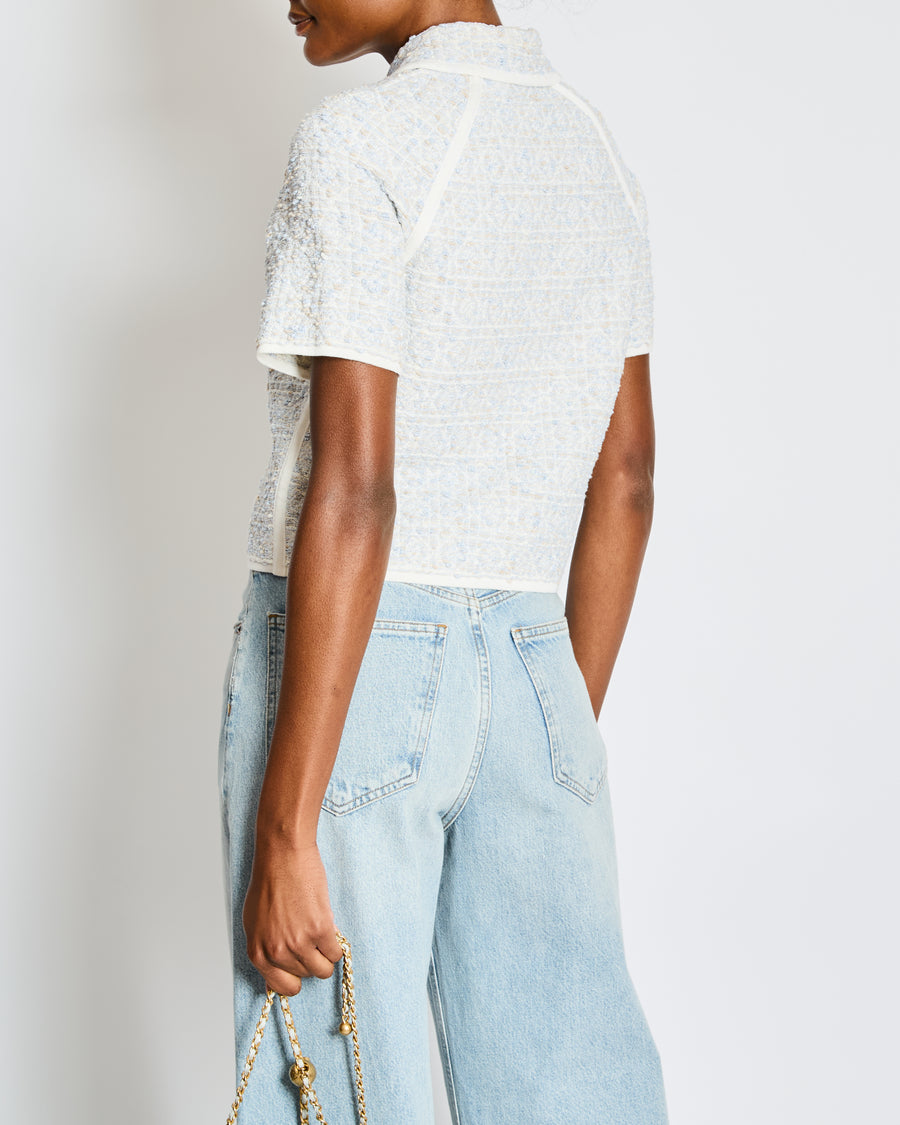 Christian Dior Light Blue Tweed Macrocannage Short-sleeved Jacket with CD Logo Buttons Size FR 34 (UK 6) RRP £2,300