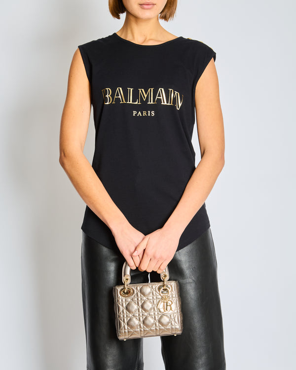 Balmain Black Cotton T-Shirt with Gold Buttons Size FR 36 (UK 8)
