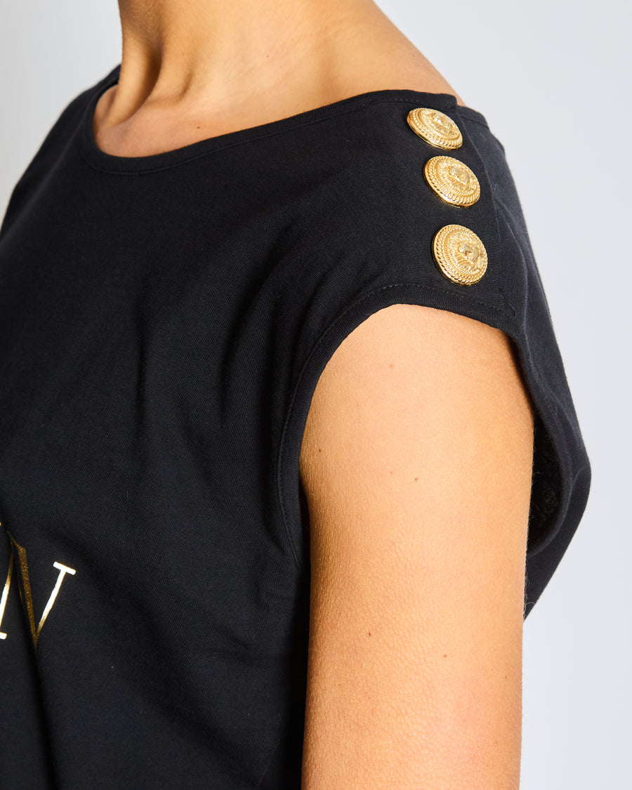 Balmain Black Cotton T-Shirt with Gold Buttons Size FR 36 (UK 8)