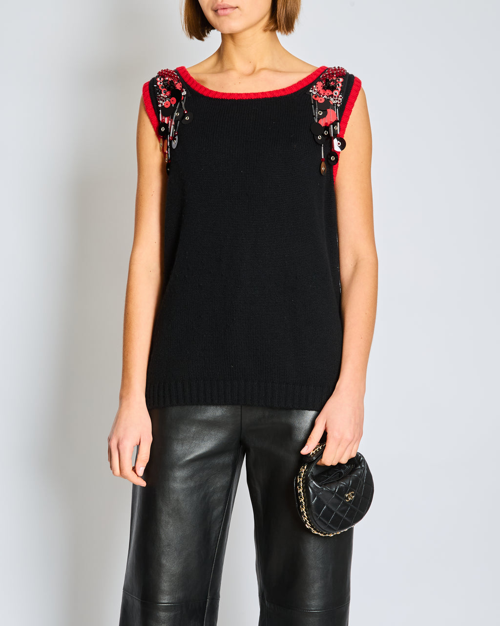 Prada Navy Knit Vest Top with Red Trim and Sequin Embellishments