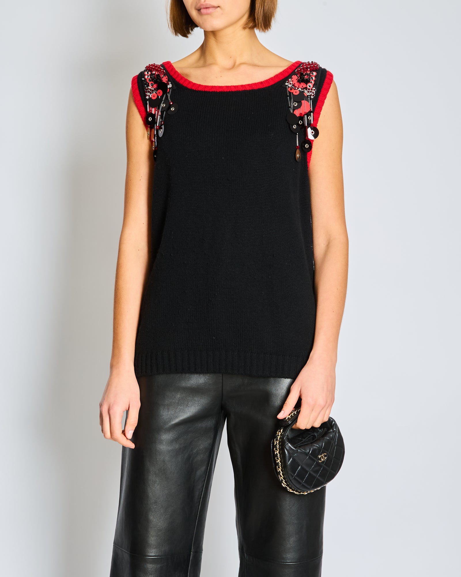Prada Navy Knit Vest Top with Red Trim and Sequin Embellishments