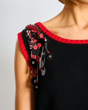Prada Navy Knit Vest Top with Red Trim and Sequin Embellishments Size IT 44 (UK 12)