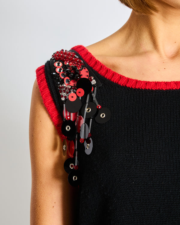 Prada Navy Knit Vest Top with Red Trim and Sequin Embellishments Size IT 44 (UK 12)