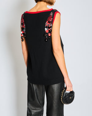 Prada Navy Knit Vest Top with Red Trim and Sequin Embellishments Size IT 44 (UK 12)