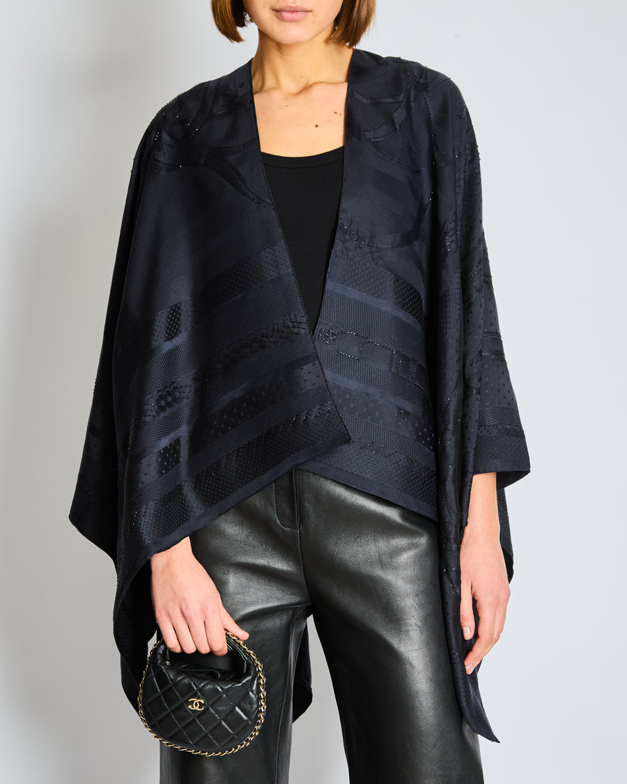 Hermès Embellished Black 'Palefroi Remix' Silk Cape with Sequins & Fine Embroidery Details