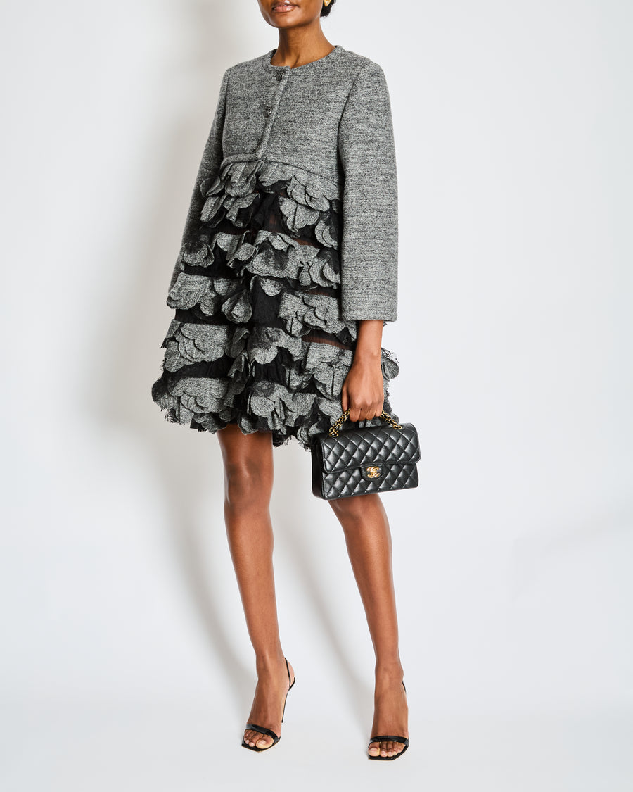 Chanel Grey Jacket with 3D Camelia Ruffles and Ruthenium CC Buttons Size FR 38 (UK 10)