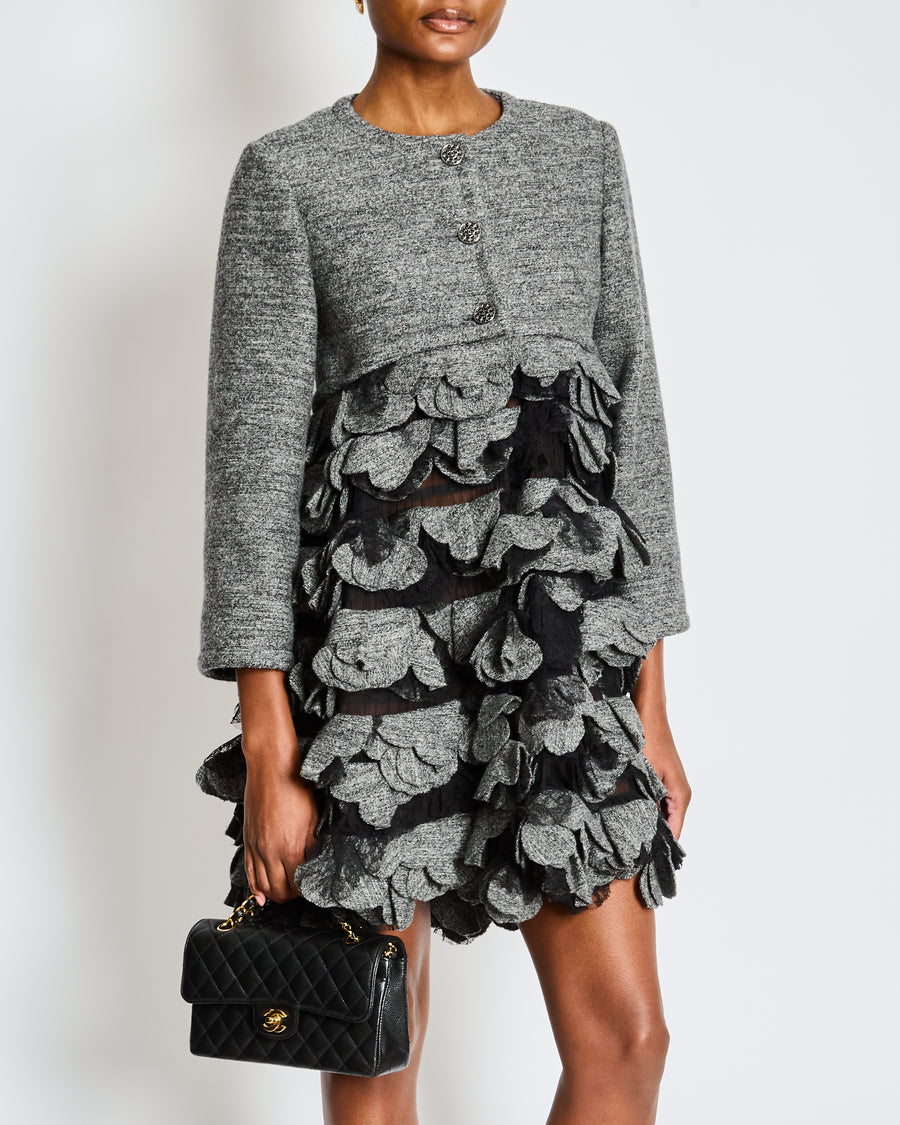 Chanel Grey Jacket with 3D Camelia Ruffles and Ruthenium CC Buttons Size FR 38 (UK 10)