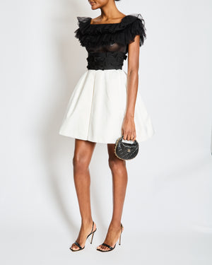 Chanel Spring 2020 Black and White Ruffled Off-Shoulder Mini Dress with Bow Details Size FR 38 (UK 10)