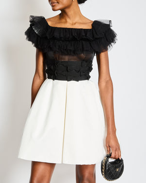 Chanel Spring 2020 Black and White Ruffled Off-Shoulder Mini Dress with Bow Details Size FR 38 (UK 10)