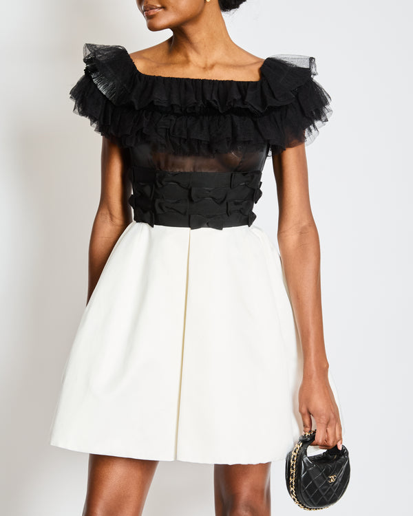 Chanel Spring 2020 Black and White Ruffled Off-Shoulder Mini Dress with Bow Details Size FR 38 (UK 10)