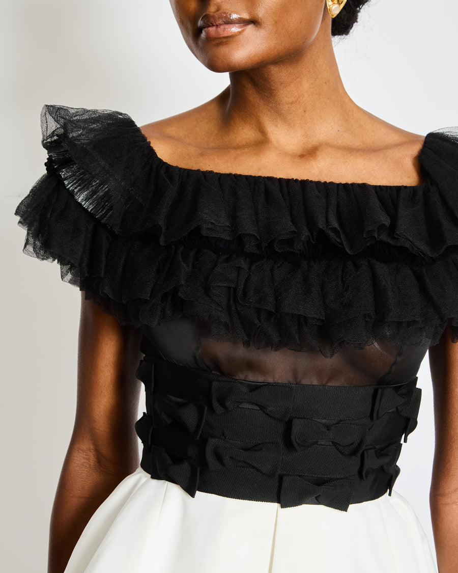 Chanel Spring 2020 Black and White Ruffled Off-Shoulder Mini Dress with Bow Details Size FR 38 (UK 10)