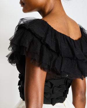 Chanel Spring 2020 Black and White Ruffled Off-Shoulder Mini Dress with Bow Details Size FR 38 (UK 10)