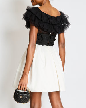 Chanel Spring 2020 Black and White Ruffled Off-Shoulder Mini Dress with Bow Details Size FR 38 (UK 10)