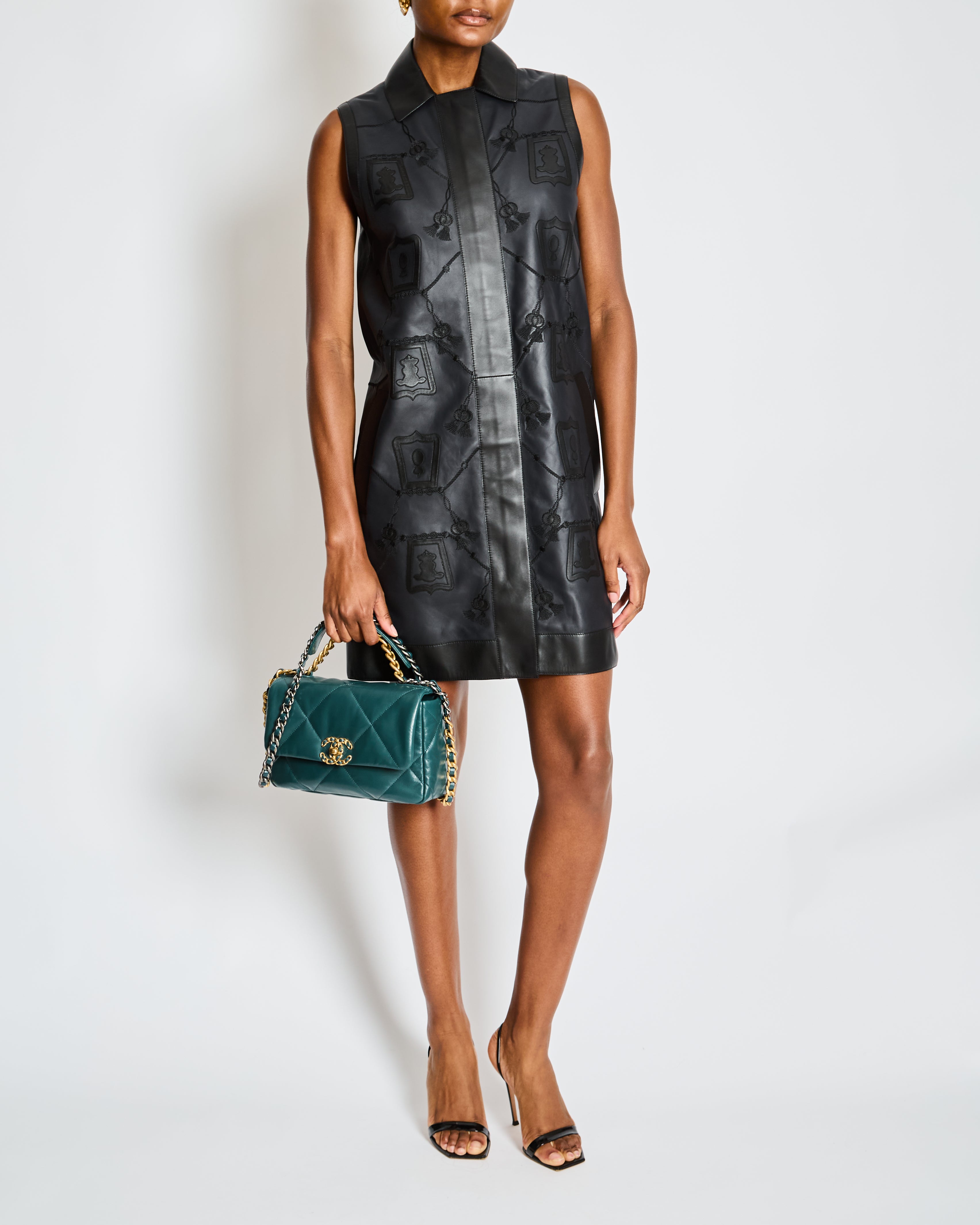 Hermès Black Leather Gilet Vest with Embroidery Details Size FR 34