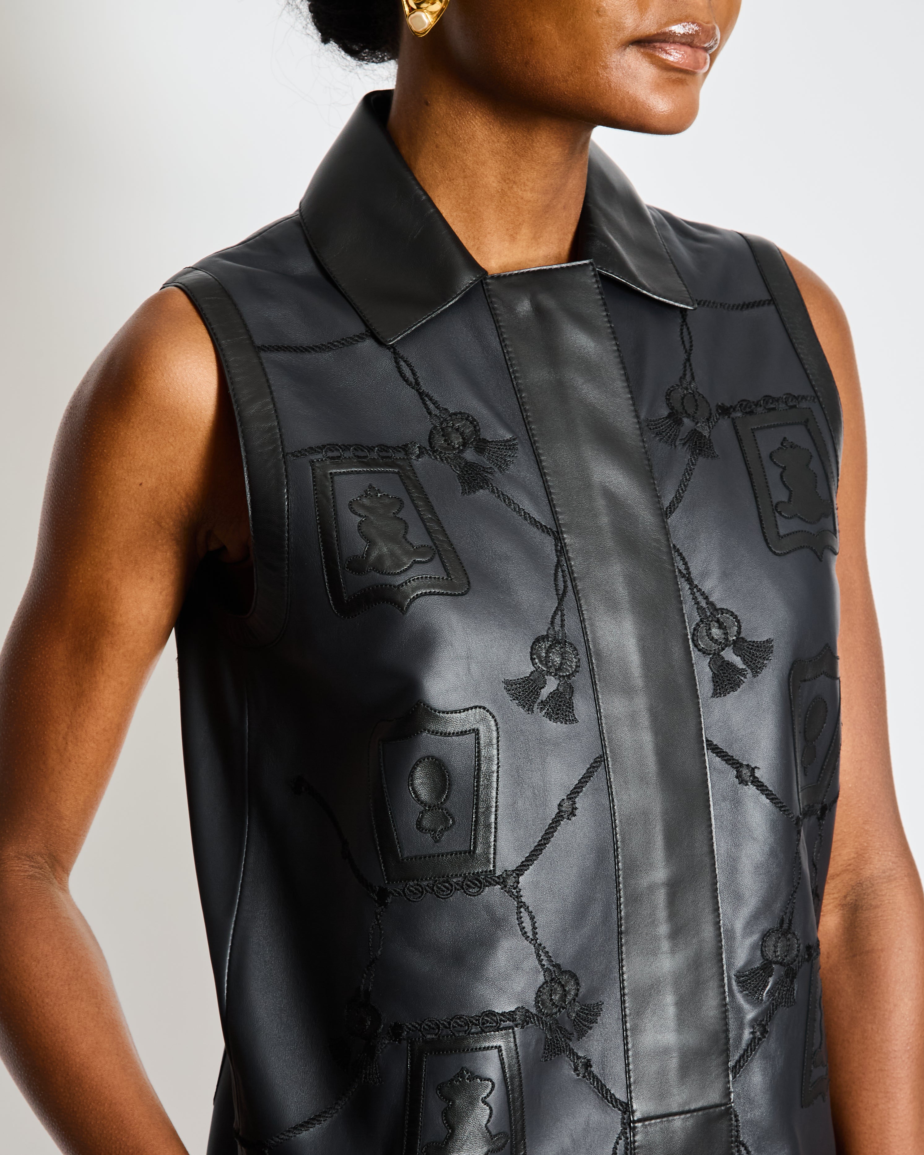 Hermès Black Leather Gilet Vest with Embroidery Details Size FR 34