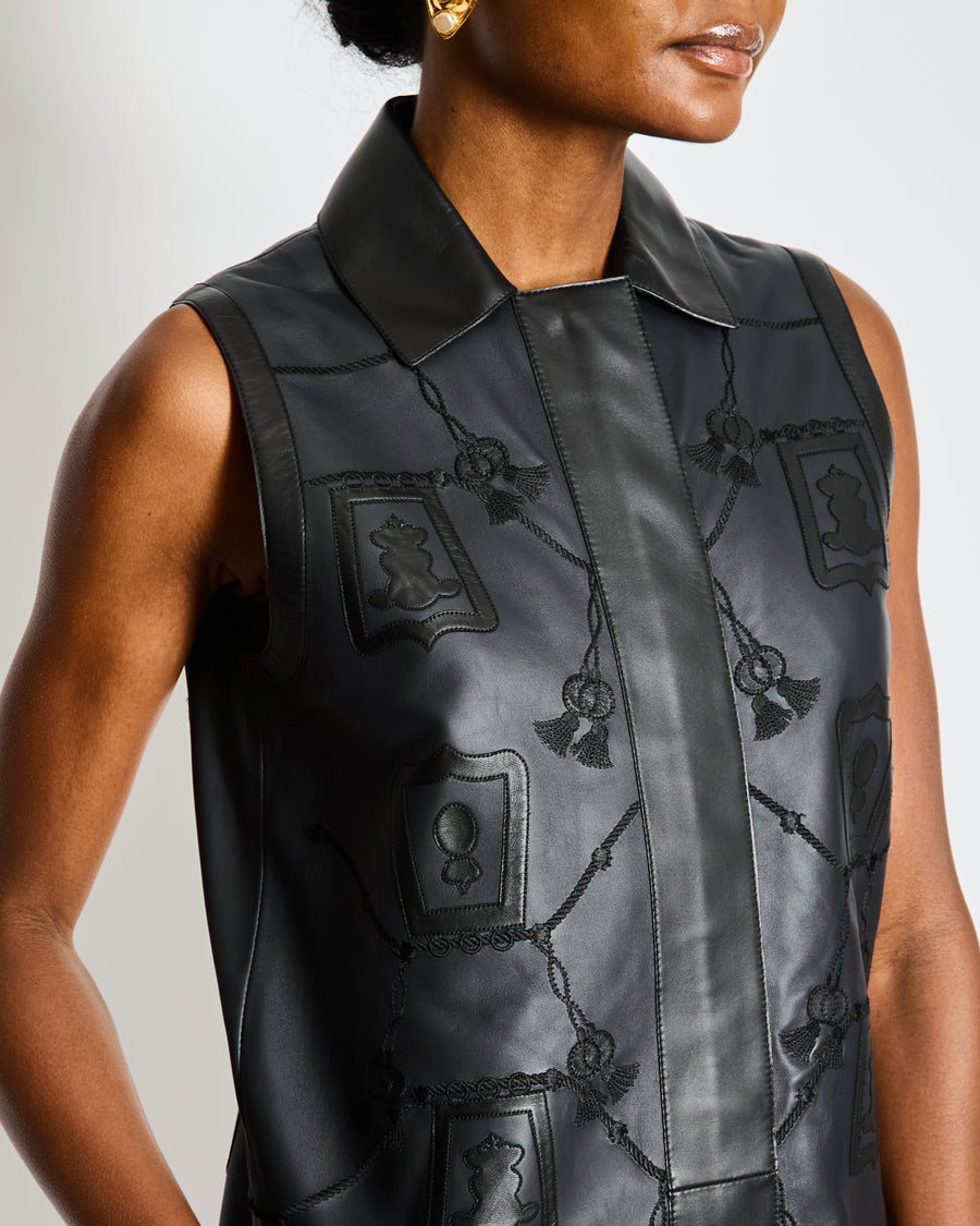 Hermès Black Leather Gilet Vest with Embroidery Details Size FR 34 (UK 6)