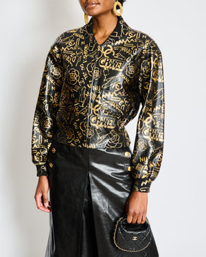 Chanel Pre-Fall 2019 Black and Gold Logo Print Graffiti Leather Bomber Jacket Size FR 34 (UK 6)