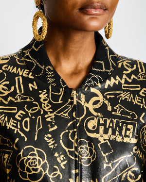 Chanel Pre-Fall 2019 Black and Gold Logo Print Graffiti Leather Bomber Jacket Size FR 34 (UK 6)