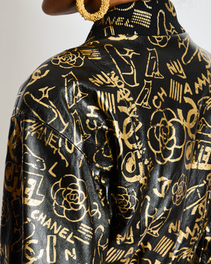 Chanel Pre-Fall 2019 Black and Gold Logo Print Graffiti Leather Bomber Jacket Size FR 34 (UK 6)