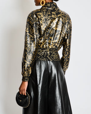 Chanel Pre-Fall 2019 Black and Gold Logo Print Graffiti Leather Bomber Jacket Size FR 34 (UK 6)