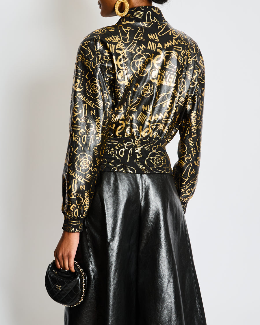Chanel Pre-Fall 2019 Black and Gold Logo Print Graffiti Leather Bomber Jacket Size FR 34 (UK 6)