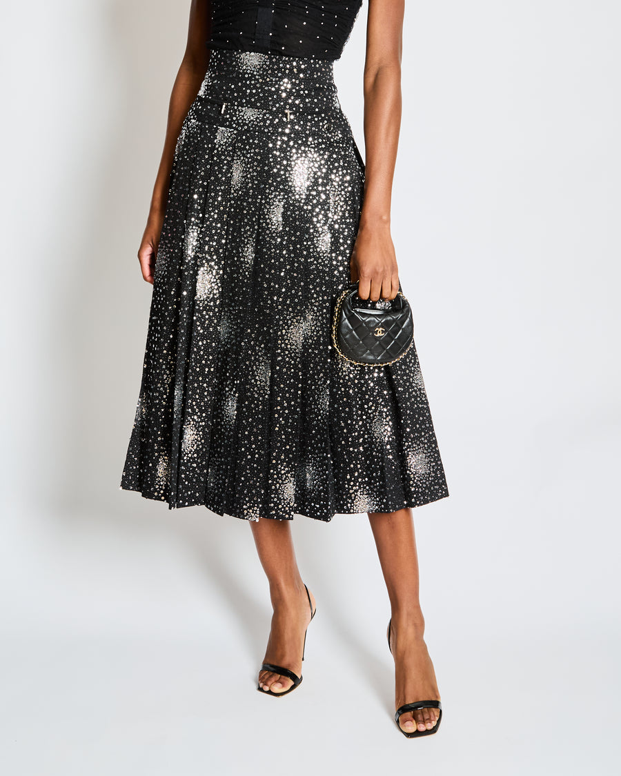 Chanel Black and Silver Sequin Pleated Midi Skirt Size FR 34 (UK 6)