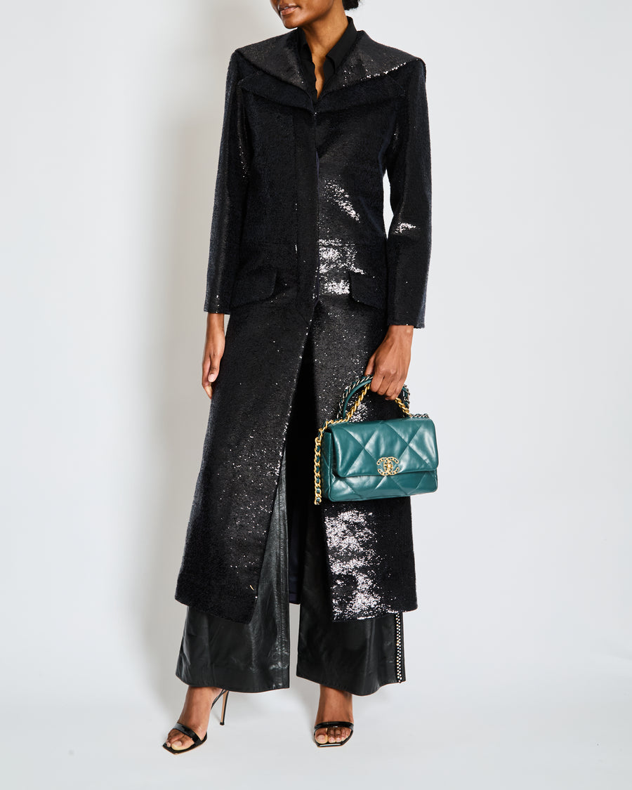 Chanel A18 Black Sequin Maxi Pea Coat with Logo Detail Ruthenium Buttons Size FR 34 (UK 6)